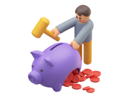 A 3D rendered icon of a figure forcefully breaking a purple piggy bank with a hammer spilling coins signifying financial action accessing reserves or urgent spending png