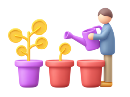 A 3D rendered icon of a figure carefully watering three potted plant saplings symbolizing positive growth wise investment nurturing development and sustainable future progress png