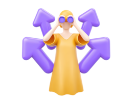 A 3D rendered icon of a woman standing at a crossroads with three diverging arrows pointing in different directions symbolizing important choices decisions and multiple paths png