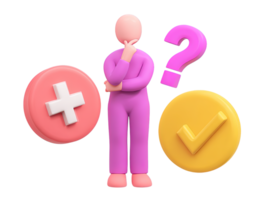A 3D rendered icon of a figure surrounded by plus minus checkmark and question mark symbols representing complex decision making analysis choices and careful evaluation png