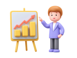 A 3D rendered icon of a businessman in a suit pointing to an upward trending bar graph on a whiteboard symbolizing growth and financial success png