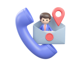 A 3D rendered icon of a figure in an envelope emerging from a telephone receiver with a location pin symbolizing direct contact efficient communication or customer outreach png