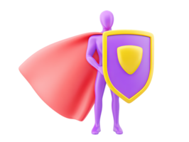 A 3D rendered icon of a superhero figure with a flowing red cape and a purple shield emblazoned with a D symbolizing strong protection security and immense strength png