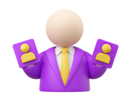 A 3D rendered icon of a faceless stylized business figure in a purple suit holding two yellow smartphones showcasing advanced mobile technology communication or app usage png