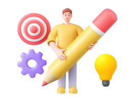 A 3D rendered icon of a man holding a giant pencil surrounded by target graph gear and lightbulb icons representing comprehensive planning strategy creativity and project execution png