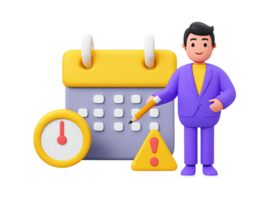 A 3D rendered icon of a businessman with a calendar clock and warning sign highlighting critical deadlines time management and important alerts in project planning png