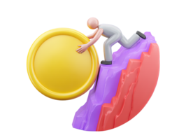 A 3D rendered icon of a determined figure pushing a giant gold coin uphill symbolizing effort perseverance financial struggle and achieving difficult goals png