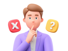 A 3D rendered icon of a pensive man with a red X speech bubble and a yellow question mark bubble indicating a serious dilemma doubt or making a difficult choice png