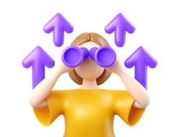 A 3D rendered icon of a woman looking through binoculars at multiple upward pointing arrows signifying intelligent forecasting future trends and identifying growth opportunities png