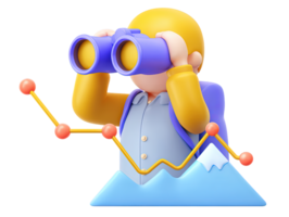 A 3D rendered icon of a figure using binoculars to observe distant upward trending arrows signifying foresight vision market analysis and future growth opportunities png