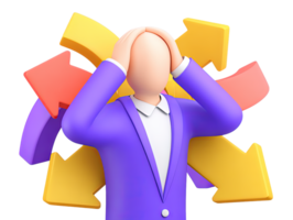 A 3D rendered icon of a stressed businessman with hands on head surrounded by diverging arrows symbolizing overwhelming choices immense pressure or severe decision fatigue png