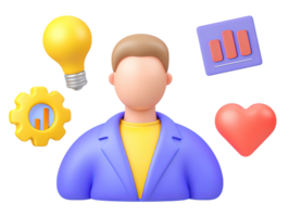 A 3D rendered icon featuring a bust of a man with symbolic elements like a lightbulb gear graph and heart representing diverse professional skills and key attributes png