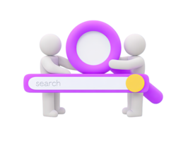 3D two people hold large search bar magnifying glass for internet browsing information retrieval SEO research collaborative data finding A modern tech visual png