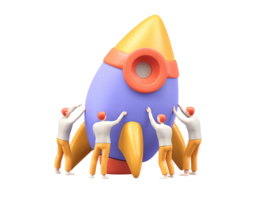 3D rendered team launching rocket for startup success project initiation innovation business growth Visually engaging graphic showing teamwork ambition and goals png