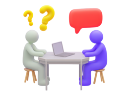 3D two people at table one with questions other speech bubble for QA interview discussion problem solving seeking advice Represents clear communication png