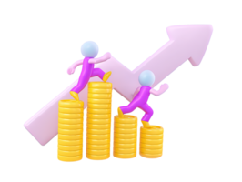 3D people climb coin stacks with upward arrow for investment success profit increase economic progress wealth accumulation business expansion Dynamic visual prosperity png