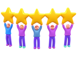3D team holds five stars for customer feedback review service rating Symbolizing excellence satisfaction achievement high quality performance A positive visual for success png