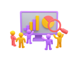 3D team analyzes data on screen charts graphs Illustrates business intelligence market research presentations data driven decisions Modern teamwork analysis graphic png