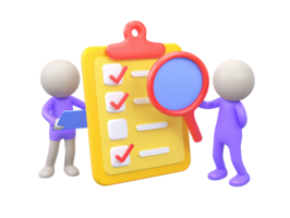 3D people with checklist magnifying glass for task management project planning review quality control A clear symbol for organization efficiency attention to detail png