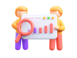 3D two people with magnifying glass study bar chart on board for market research business intelligence performance review and collaborative data interpretation png