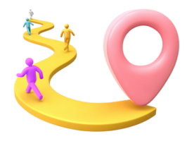 3D people walk winding path to location pin for goals destination navigation guidance achieving objectives Clear depiction for direction strategy travel plans png