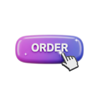 3D rendered icon of a purple ORDER button with a cursor arrow indicating an online purchase action click to buy or ecommerce transaction process png