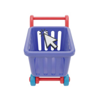 3D rendered icon of a blue shopping cart with a cursor inside representing online shopping ecommerce item selection or adding to cart process png