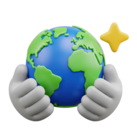 3D rendered icon of hands holding a globe with a star signifying global achievement worldwide success or protecting our planet for a bright future png