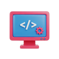 3D rendered icon of a vibrant pink computer monitor displaying code tags and a settings gear for web development software engineering or system config png