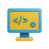 Detailed 3D rendered icon of a computer screen showing code tags and a settings gear symbolizing software development web programming and appsetup png