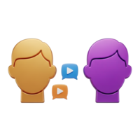 3D rendered icon of two user heads with speech bubbles containing play and chat icons symbolizing online communication chat or interactive talk png