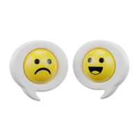 3D rendered icon of two speech bubbles one with a sad face and one with a happy face representing mixed emotions feedback or sentiment analysis tool png