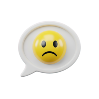 3D rendered icon of a chat bubble with a sorrowful emoticon face conveying sadness dissatisfaction or a negative online interaction sentiment today png
