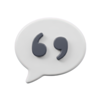 3D rendered icon of a speech bubble with quotation marks inside representing a direct quote citation or spoken words in a conversation exchange png