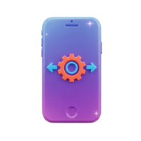 3D rendered icon of a smartphone with a gear and arrows indicating mobile app settings system synchronization or data transfer configuration tech png