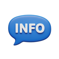 3D rendered icon of a rounded blue speech bubble containing INFO text for providing details guidance or informational messages online assistance png