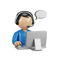 3D rendered icon of a customer service representative with a headset at a computer and speech bubble for online support call center or telework png