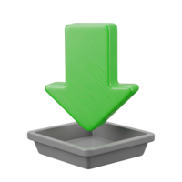 3D rendered icon of a green download arrow pointing into a tray symbolizing file download data saving or software installation process online png