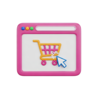 3D rendered icon of a web browser window with a shopping cart and cursor indicating online purchase adding items to cart or ecommerce checkout steps png