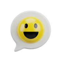 3D rendered icon of a speech bubble with a happy smiling emoji face looking like a fried egg for positive feedback joy or cheerful communication png