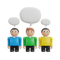 3D rendered icon of three diverse figures with speech bubbles above them signifying group discussion teamwork collaboration or a business meeting png