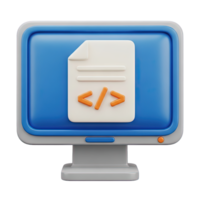 3D rendered icon of a computer screen showing a file document with code tags representing a script file source code or programming document for dev png