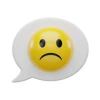 3D rendered icon of a speech bubble containing a sad face emoji representing negative feedback disappointment or unhappy customer communication now png