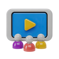 3D rendered icon computer monitor with play button user avatars suggesting online conferencing team collaboration or group streaming for modern apps png