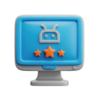 3D rendered icon of a computer display showing an android mascot and three stars indicating app performance user feedback or software ranking online png