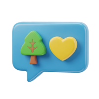 3d rendido ícone do uma discurso bolha contendo uma árvore e uma coração simbolizando amor para natureza de Meio Ambiente consciência ou amigo do ambiente mensagem png