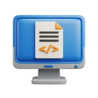 3D rendered icon of a computer screen with a document file showing text lines and code tags representing a source code file or script document type png