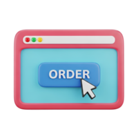 3D rendered icon of a web browser window with an order button and cursor signifying online shopping ecommerce purchase or digital transaction now png