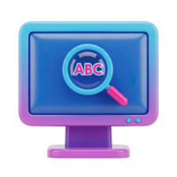 3D rendered icon of a pink computer monitor with a magnifying glass over text ABC representing search spellcheck or content analysis tasks online png