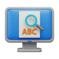 3D rendered icon of a computer monitor featuring a magnifying glass over ABC text for search functions document analysis or data lookup operations png
